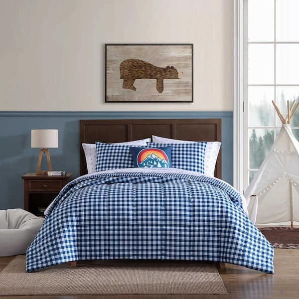 Preston Check 3-Piece White/Blue Microfiber Twin Comforter Bonus Set
