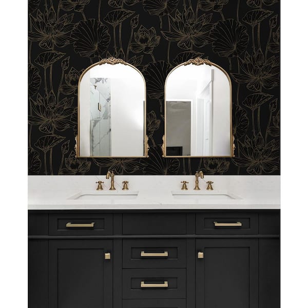 31.35 sq. ft. Wrought Iron & Gold Lotus Garden Floral Vinyl Peel and Stick Wallpaper Roll