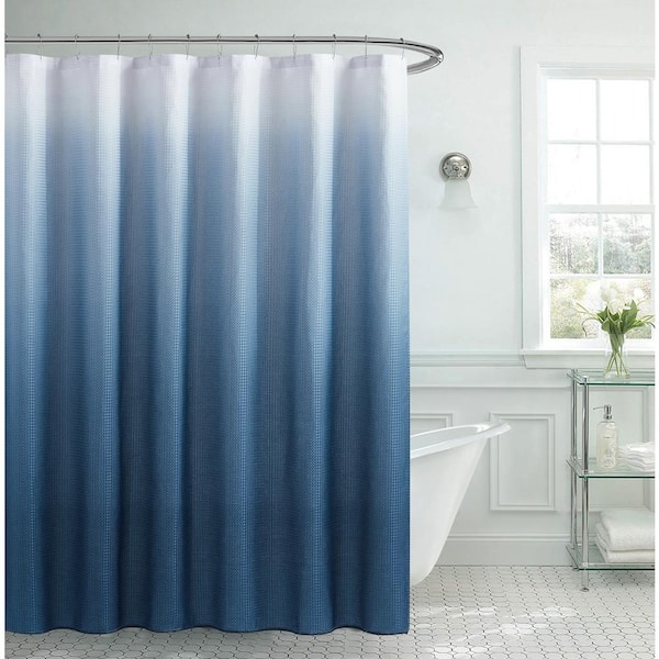Beautiful 13 pc Navy and White Fabric SHOWER CURTAIN With Silver Bead  Hooks. 