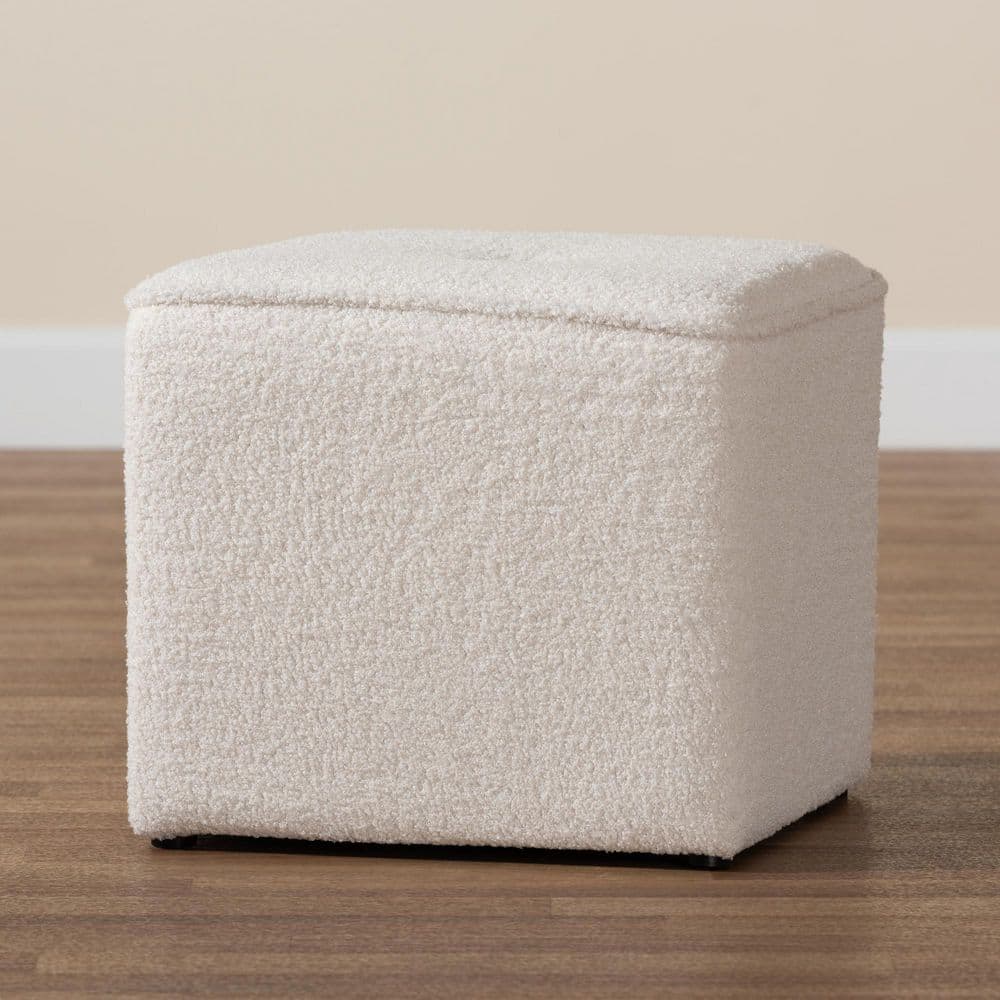 Ivory Boucle Tufted Round Ottoman with Eucalyptus Frame