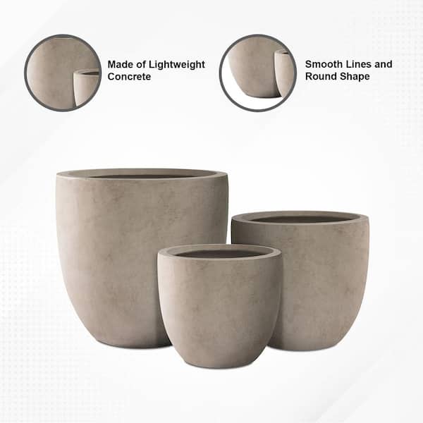 18", 14" and 10"W Weathered Concrete Round Set of 3, Outdoor Indoor Modern Planter Pots Lightweight w/ Drainage Hole