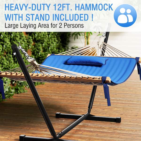 2-Person Dark Blue 12 ft. Heavy-Duty Hammock with Stand and Detachable Pillow, 450 lbs. Capacity