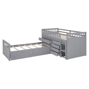 Gray L-shaped Space-Saving Twin Loft and Twin Platform Bed with 7 Drawers