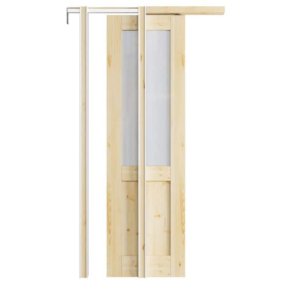 ARK DESIGN 24 in. x 80 in. 1/2-Lite Frosted Glass Unfinished Door Solid Core Pine Pocket Door Frame and Hardware (Soft Close Incl)
