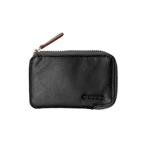 Minimalist Black Genuine Leather RFID Blocking Zip Case Card Holder in Gift Box