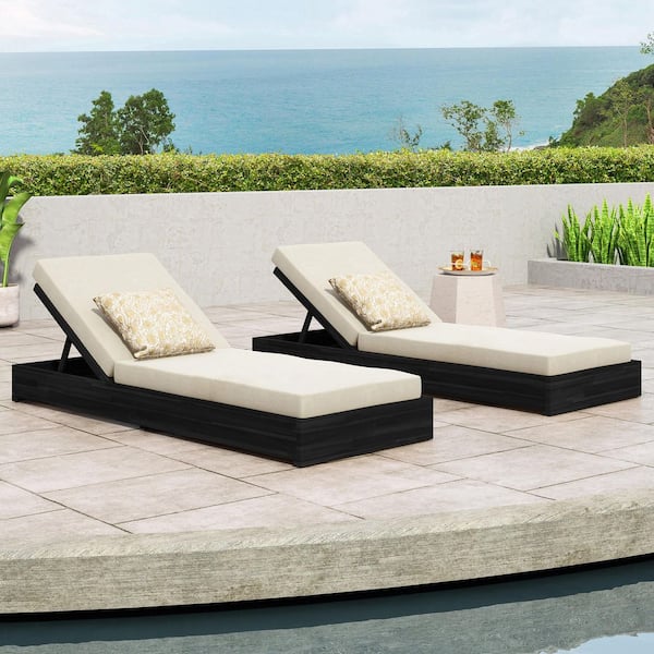 Simmons Modern Patio Solid Wood Outdoor Chaise Lounge with Cream Cushion, Black, (Set of 2)