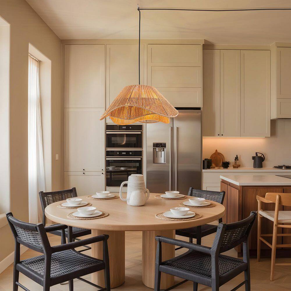 Plug-in Pendant Light – Industrial Farmhouse Hanging Lamp With Rattan Shade, 15ft Cord, On/Off Switch, E26 Socket