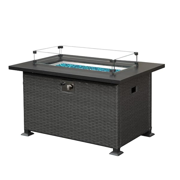 Zeus & Ruta Dark Gray Metal 43.31 in. 50000 BTU Propane Fire Pit Table with Glass Wind Guard and ETL-Certified