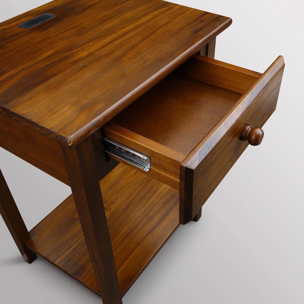 Warm Brown Solid Wood Nightstand with USB Charging Station