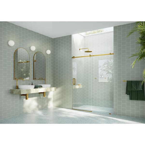 Glass Warehouse 64 in. W x 78 in. H Sliding Frameless Shower Door with Square Hardware in Satin Brass
