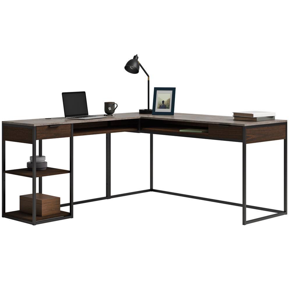 Umber Wood L-Shaped Corner Desk with Drawers and Keyboard Tray