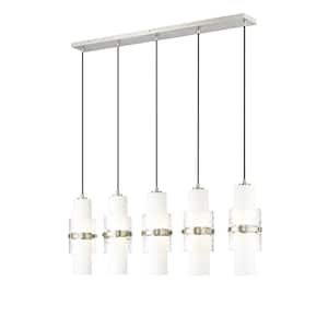 Cayden 42 in. 5-Light Brushed Nickel Linear Chandelier with Clear Plus Etched Opal Glass Shades