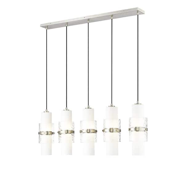 Unbranded Cayden 42 in. 5-Light Brushed Nickel Linear Chandelier with Clear Plus Etched Opal Glass Shades