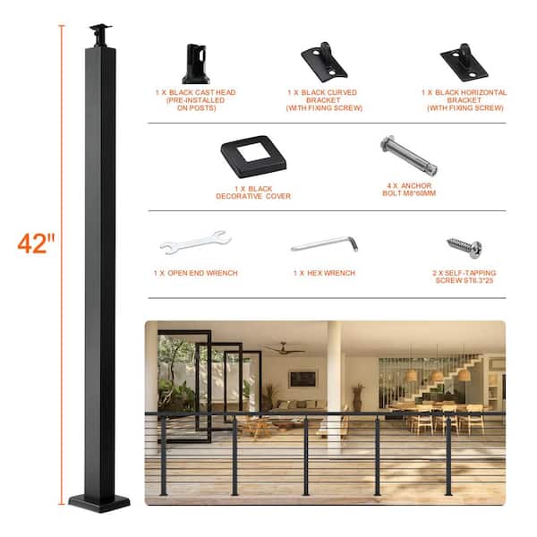 SKYSHALO Cable Railing Post 42 in.x 2 in. x 2 in. Steel Level Deck Railing Post without Holes SUS304 Stainless Steel Cable Rail