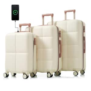 3-Piece White 20 in. x 24 in. x 28 in. ABS Hardshell Spinner Expandable Luggage Set with USB Port, Cup Holder, Hooks