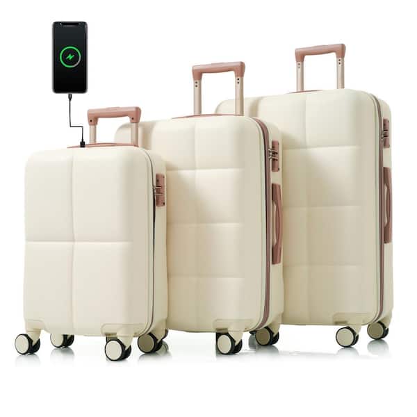 Merax 3-Piece White 20 in. x 24 in. x 28 in. ABS Hardshell Spinner Expandable Luggage Set with USB Port, Cup Holder, Hooks