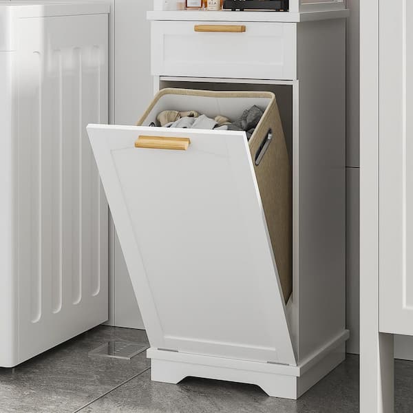 White Accent Cabinet with Tilt-Out Hamper, Hidden Trash Can Storage, Drawer and Side Hooks, Slim 53.3 in. Organizer