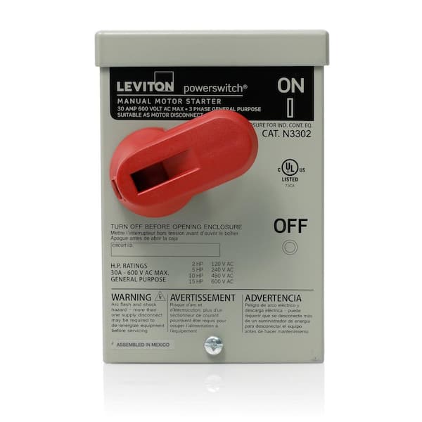 Leviton MS302-DS 30 Amp, 600 Volt, 2-Pole, Single-Phase Single Throw AC  Manual Motor Controller, Suitable as Motor Disconnect, Non-Grounding - Black