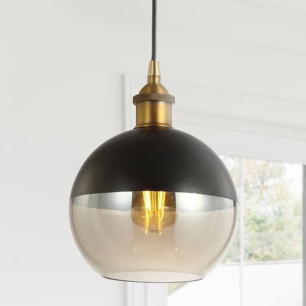 JONATHAN Y Nixon 7.5 in. 1-Light Brass Gold/Black Adjustable Drop Globe Metal/Glass LED Pendant