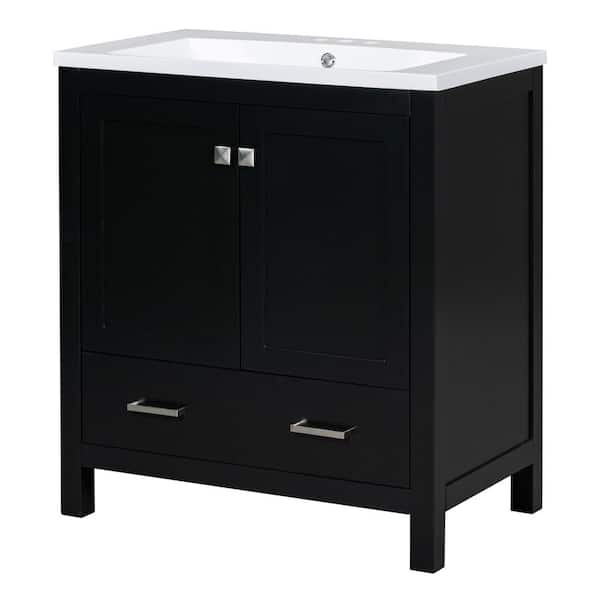 Magic Home 30 in. Black Bathroom Vanity Set Combo Storage Cabinet with Solid Wood Frame and White Sink