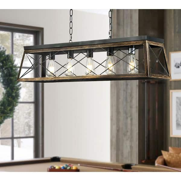 38in 5-Light Industrial Farmhouse Lantern Rectangle Chandeliers in Matte Black for Kitchen Island