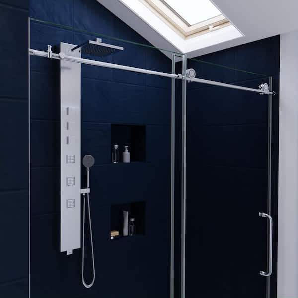 Leon Series 60 in. x 76 in. H Sliding Frameless Shower Door in Brushed Nickel  with Tsunami Guard Tempered Glass
