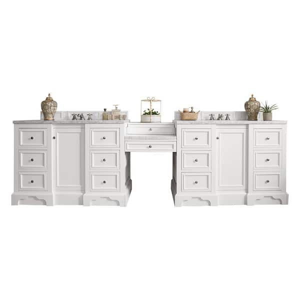 James Martin Vanities De Soto 120.50 in. W x 23.5 in. D x 36.3 in. H Double Bath Vanity in Bright White with Solid Surface Top in Arctic Fall