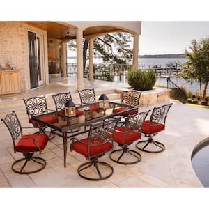 Traditions 9-Piece Aluminum Outdoor Dining Set with Swivel Rockers with Red Cushions and Glass-top Table