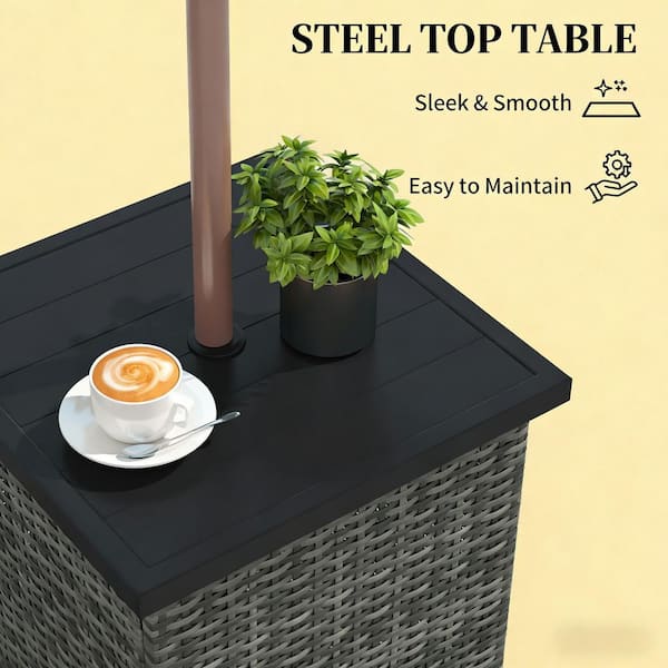 Outdoor Gray Rattan and Steel Side Table with Umbrella Hole
