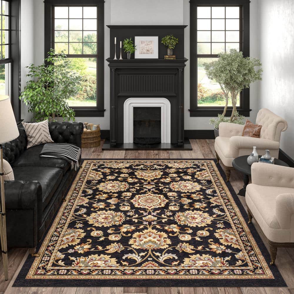 Sensation 5' x 7' Black Synthetic Easy-Care Traditional Area Rug