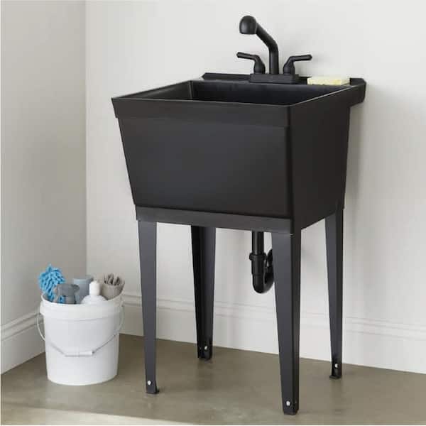 23.25 in. D x 22.88 in. W Freestanding Thermoplastic Black 19 gal. Utility Tub with Black Legs and Black Pullout Faucet
