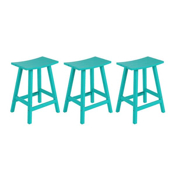 Franklin Turquoise 24 in. Poly HDPE Fade Resistant Outdoor Patio Saddle Seat Counter Height Bar Stool (Set of 3)
