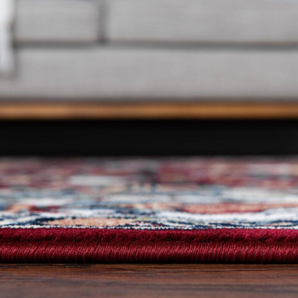 Burgundy and Tan Floral Rectangular Synthetic Area Rug