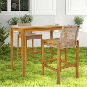 Wicker Outdoor Bar Stools (Set of 2) Patio Chairs w/Solid Wood Frame Ergonomic Footrest Light Brown