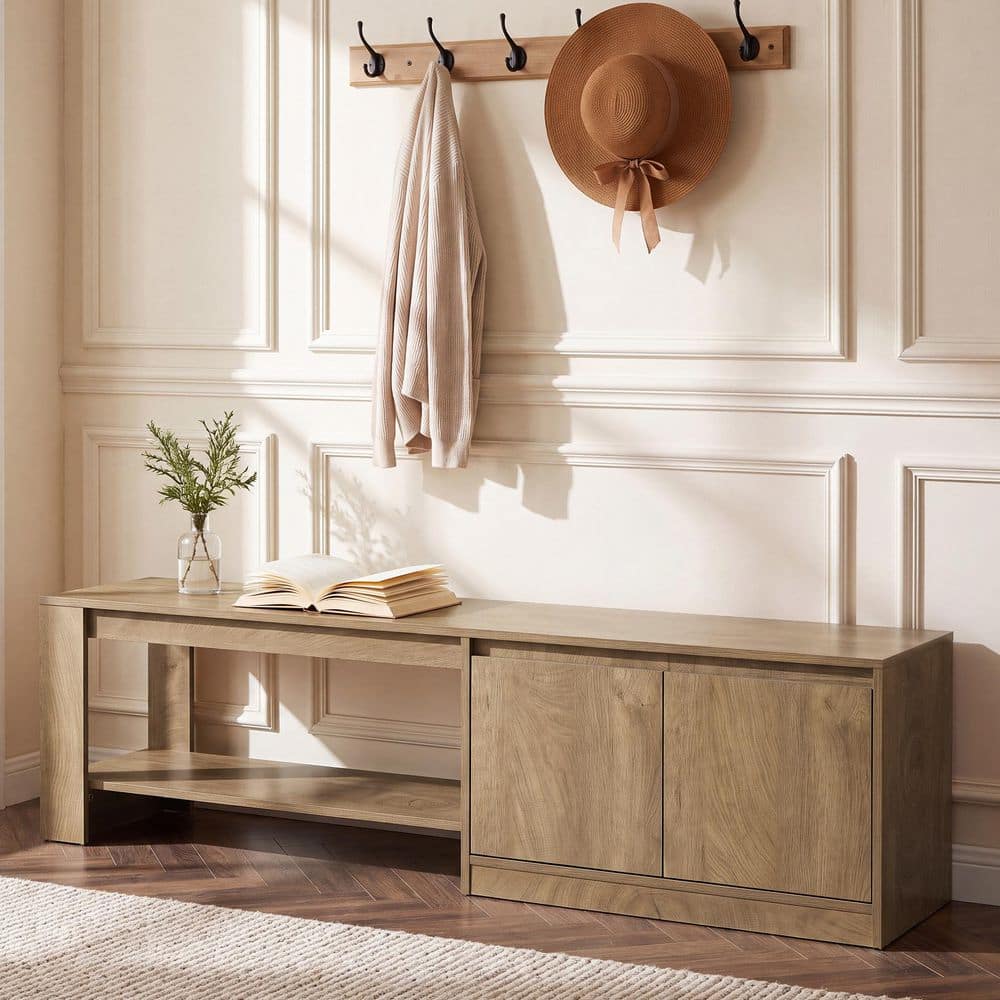 63 in. Brown Solid Wood Entryway Bench with Shelf and Storage, Shoe Storage Bench for Entryway