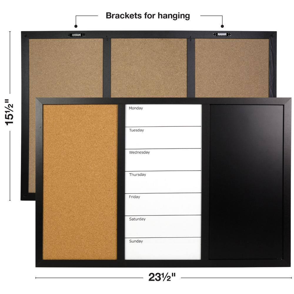 Black Wood Frame Magnetic Combo Board with Cork, Whiteboard, and Chalkboard