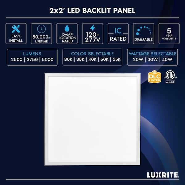 LUXRITE 2 x 2 ft. Integrated LED Flat Panel Light 5-CCT 3000K - 6500K, 20/30/40W, 5000-Lumens 0-10V Dimmable DLC and ETL 2-Pack