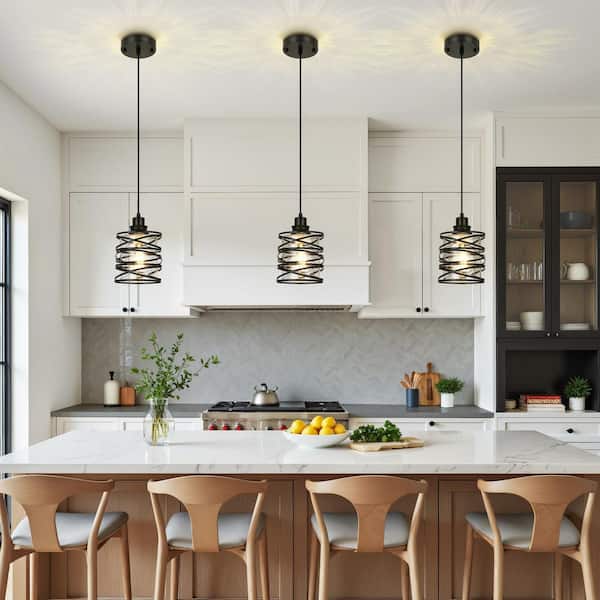 1-Light 60W Black Industrial Pendant Light with Hand-Wrapped Iron Frame and Seeded Glass Shade for Kitchen Island