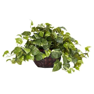 15 in. Artificial H Green Pothos with Decorative Vase Silk Plant