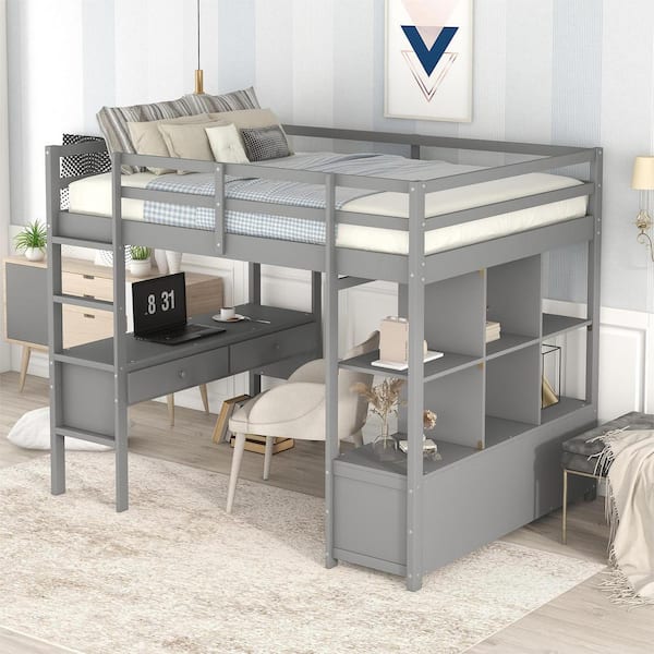 Harper & Bright Designs Gray Full Size Loft Bed with Storage Shelves ...