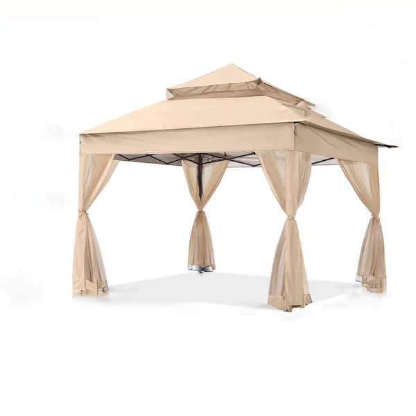 13 ft. x 13 ft. Brown Pop Up Gazebo Outdoor Canopy Tent with Mosquito Netting for Patio Garden