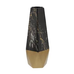 18 in. Dark Gray Faux Marble Ceramic Decorative Vase with Gold Base