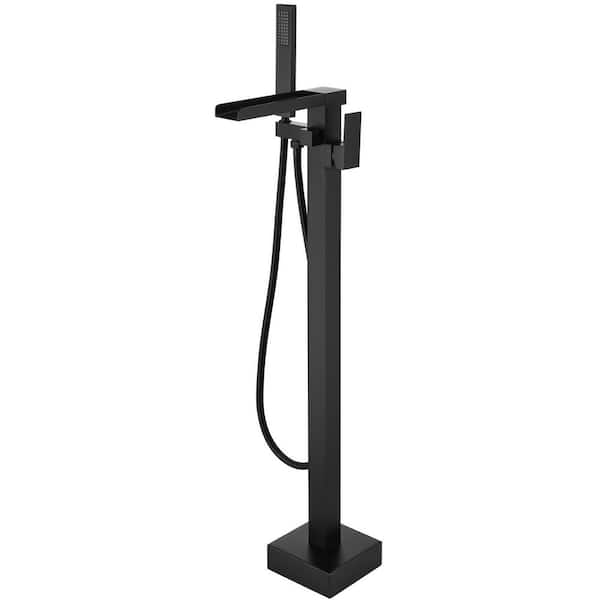 1-Handle Freestanding Floor Mount Tub Faucet Bathtub Filler with Hand Shower in Matte Black