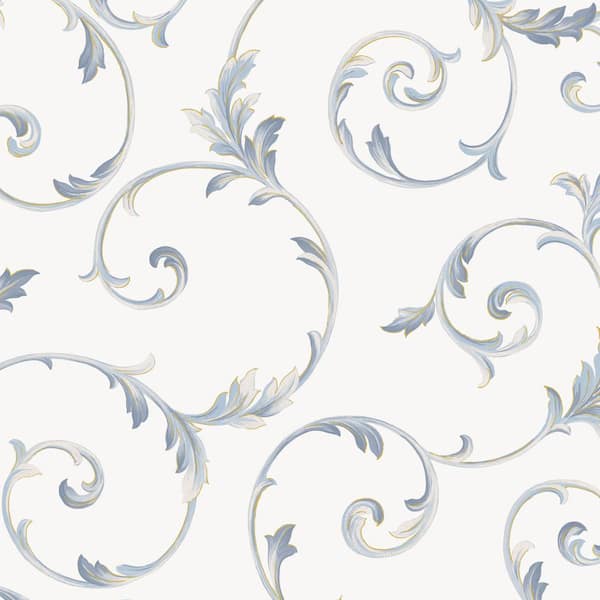Scroll Wallpaper in White, Navy and Metallic Gold