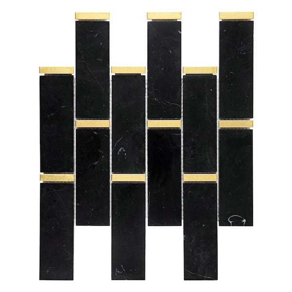 Giorbello Black 11 in. x 11.75 in. Marble and Gold Steel Trim Subway Mosaic Tile (4.8 sq. ft.)