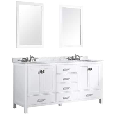 72 in. W x 22 in. D x 36 in. H Double Sink Bath Vanity Set in White with White Carrara Marble Top and Mirrors