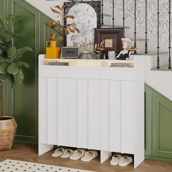 47.2 in. H x 47.2 in. W White Wood Shoe Storage Cabinet, Entryway Console with 3 LED-Lit Acrylic Drawers & Triple Doors