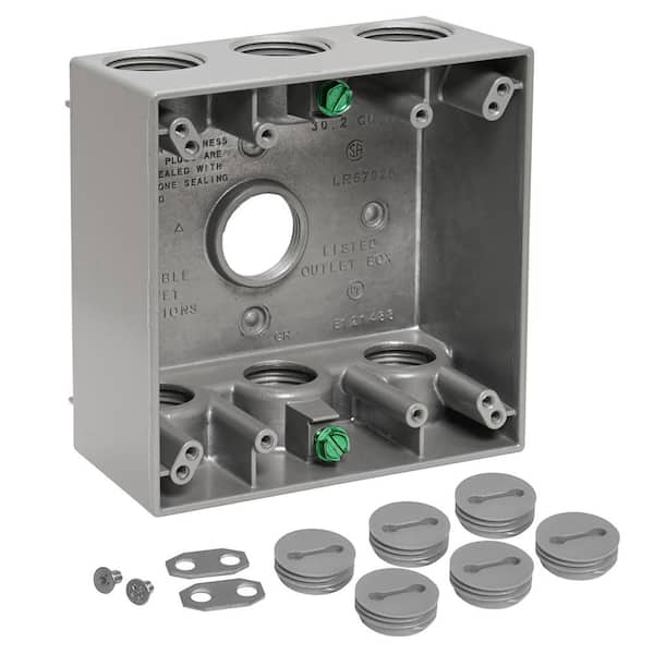 Commercial Electric 2-Gang Metal Weatherproof Electrical Outlet Box with (7) 3/4 inch Holes, Gray