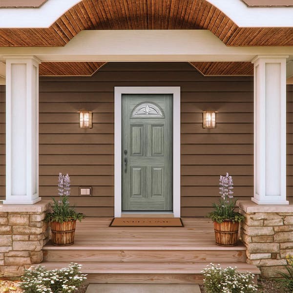 36 in. x 80 in. Right-Hand Fan Lite Decorative Glass Blakely Stone Fiberglass Prehung Front Door