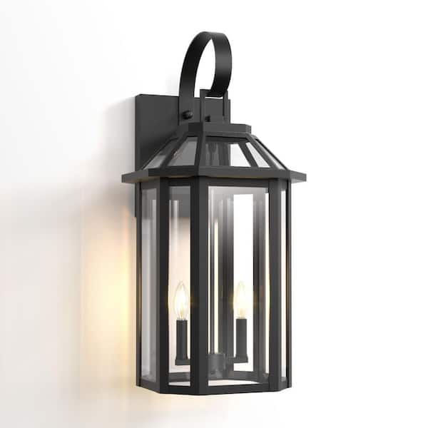 Decorators 27 in. 2-Light Black Farmhouse Hardwired Dimmable Outdoor Wall Lantern Sconce